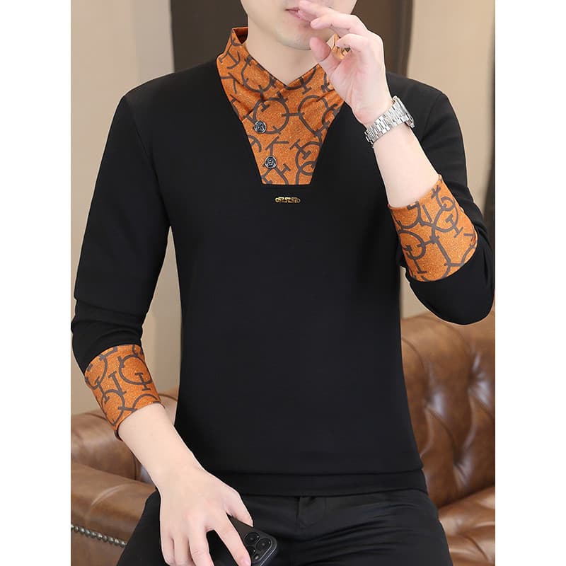 Outono inverno novo estilo falso de duas peças de manga comprida camiseta masculina rufião bonito personalidade versão c