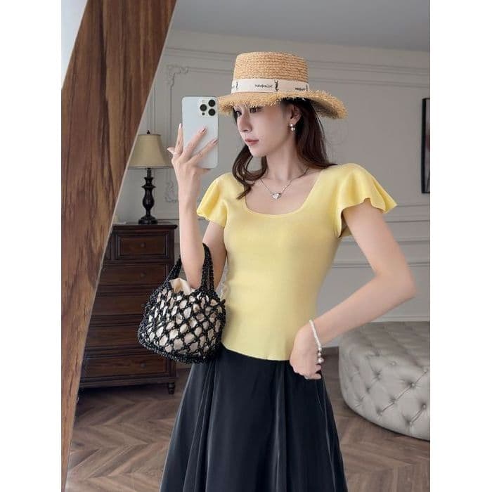 Francês quadrado pescoço de malha de manga curta camiseta feminina verão estilo fino moda única magro-ajuste mais magro
