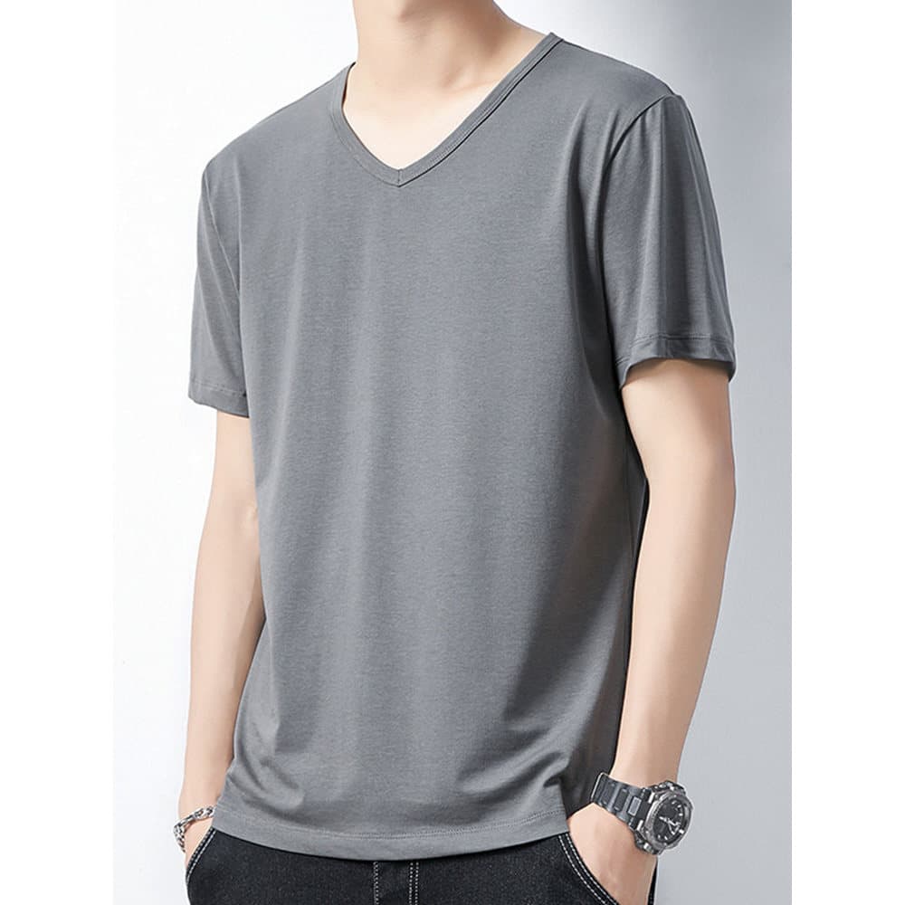 Verão Modal de manga curta camiseta masculina com decote em V fino ajuste branco puro meia manga seda gelo High-En