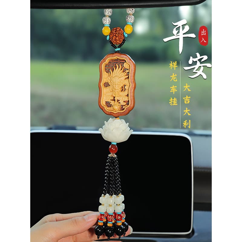Xianglong Guanyin lótus pingente de carro jujuba escultura em madeira incrustada buxo Interior espelho retrovisor acessó