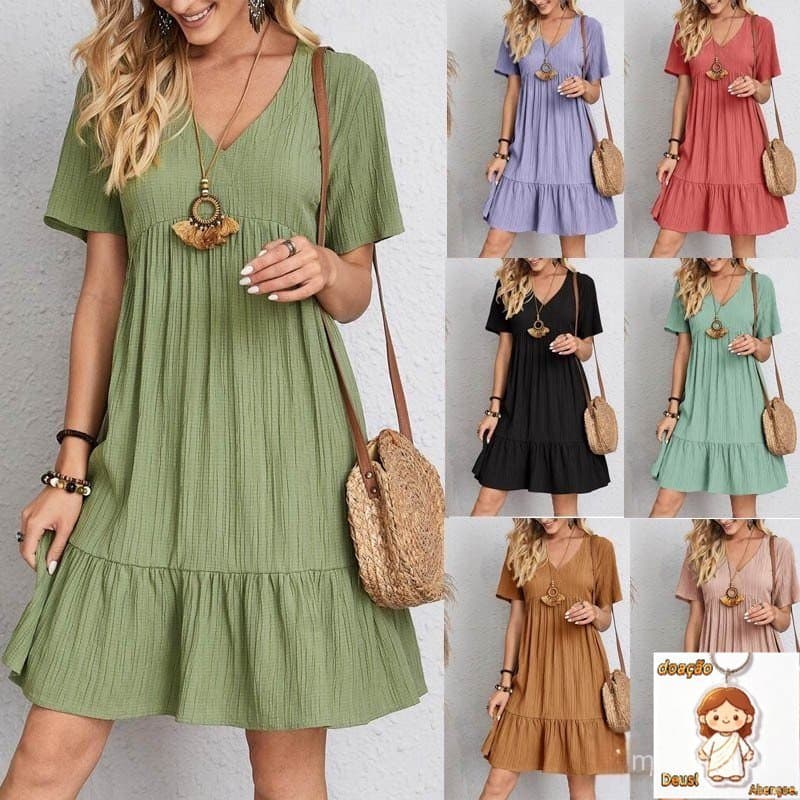 Vestido Casual de Verão com Babados e Mangas Curtas