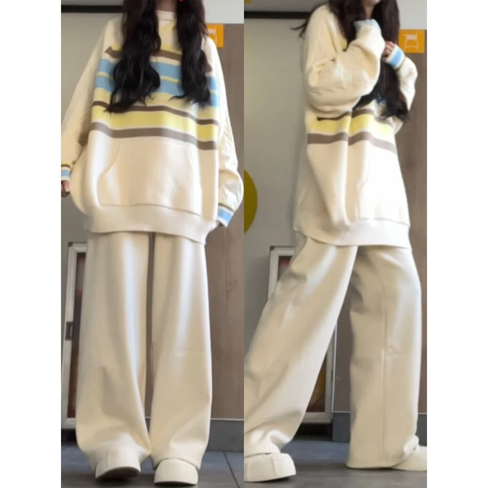 Leite fufufu branco listrado camisola feminina primavera início da primavera 2026 novo estilo estilo preguiçoso oversize