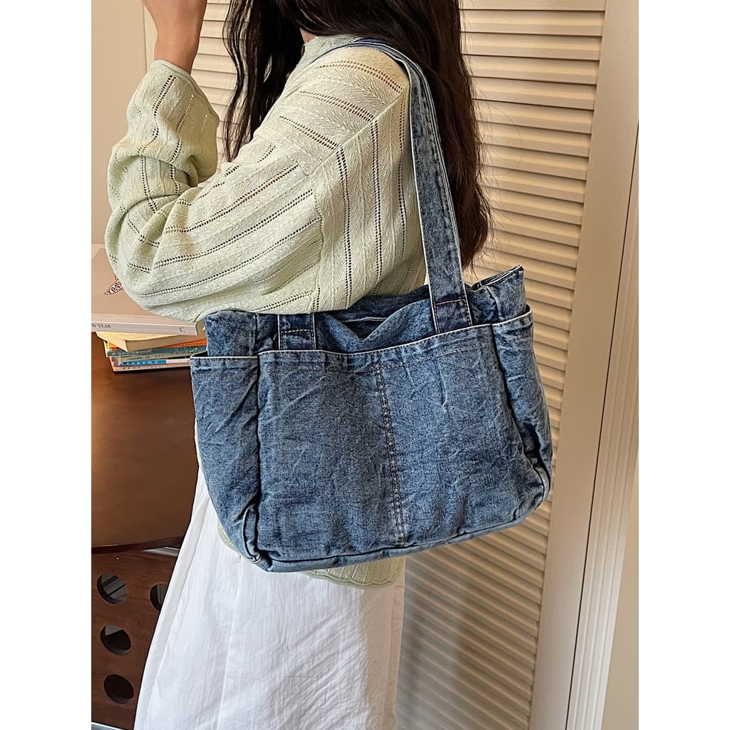 Retro Denim saco feminino 2026 novo estilo Casual simples Commuter saco grande capacidade All-Match compras bolsa de omb