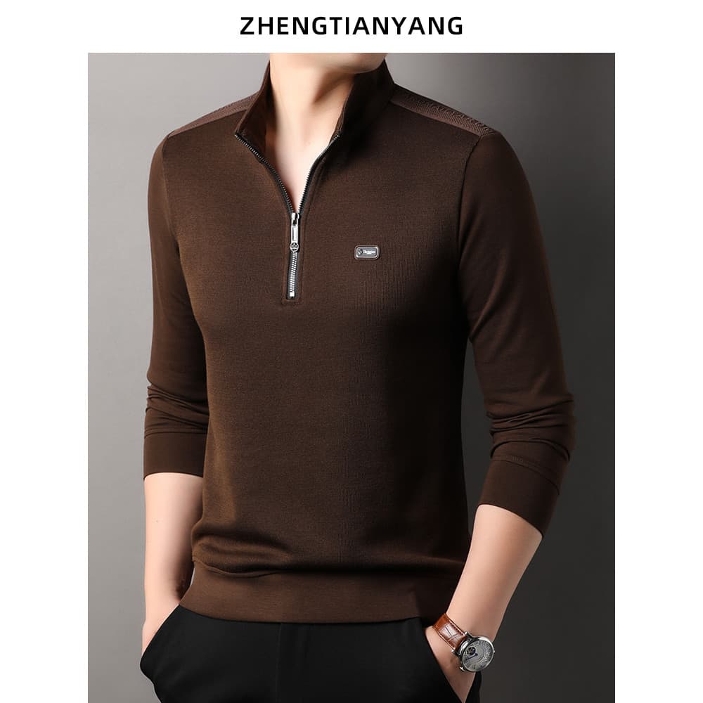 Meio zíper gola alta moletom de manga comprida masculino ombro Webbing costura malha T