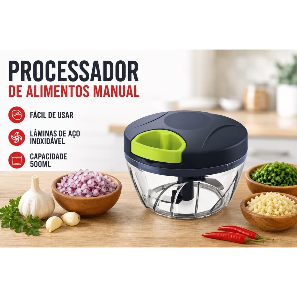 Processador Manual de Alimentos 500ml 3 Lâminas Triturador Multiuso para Alho Frutas Legumes Cogumelos