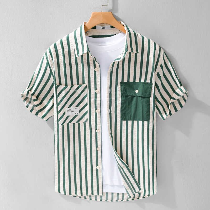 2025 verão masculino Popular textura bolha cinco pontos camisa listrada de manga curta Casual única camisa jovem bonito