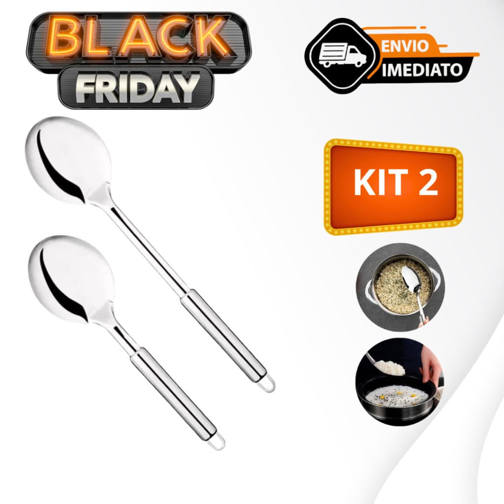 Kit Utensílios Linha PREMIUM de Cozinha 2 Peças 100% Inox Colher de Arroz G Colher de Arroz P