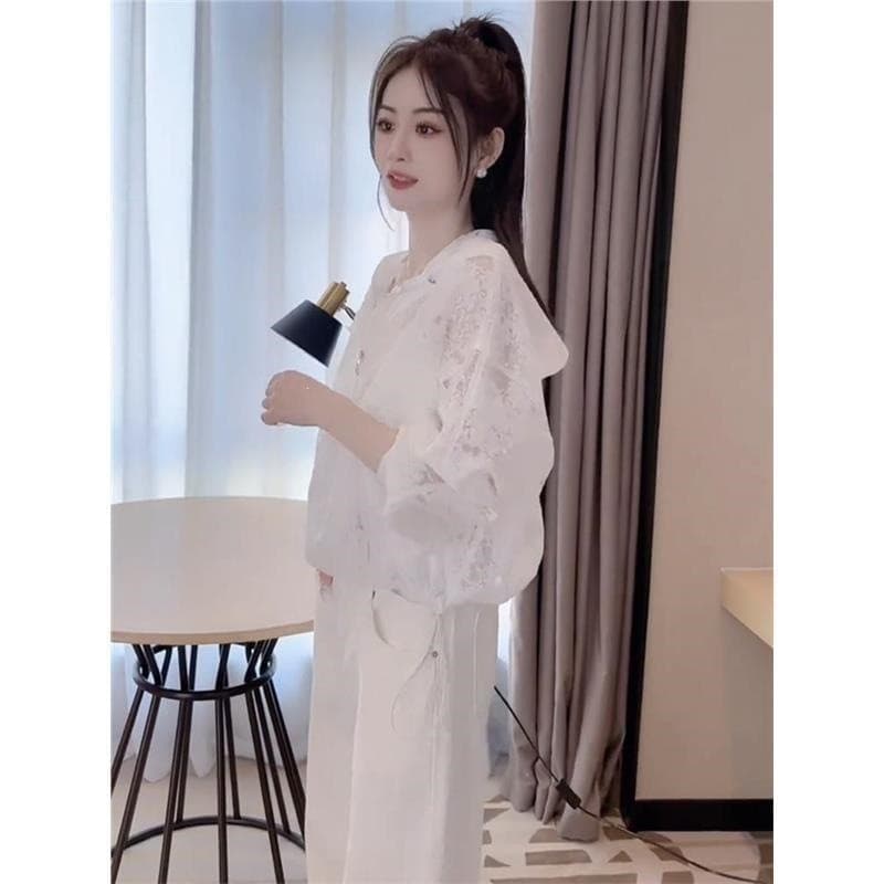 2025 verão novo estilo renda ligeiramente transparente exterior usar fino protetor solar feminino roupas jaqueta curta p