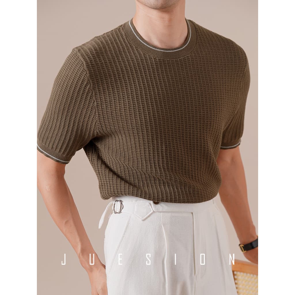 Jucean Design italiano sentido em torno do pescoço camiseta masculina verão fino algodão linho misturado contraste cor m