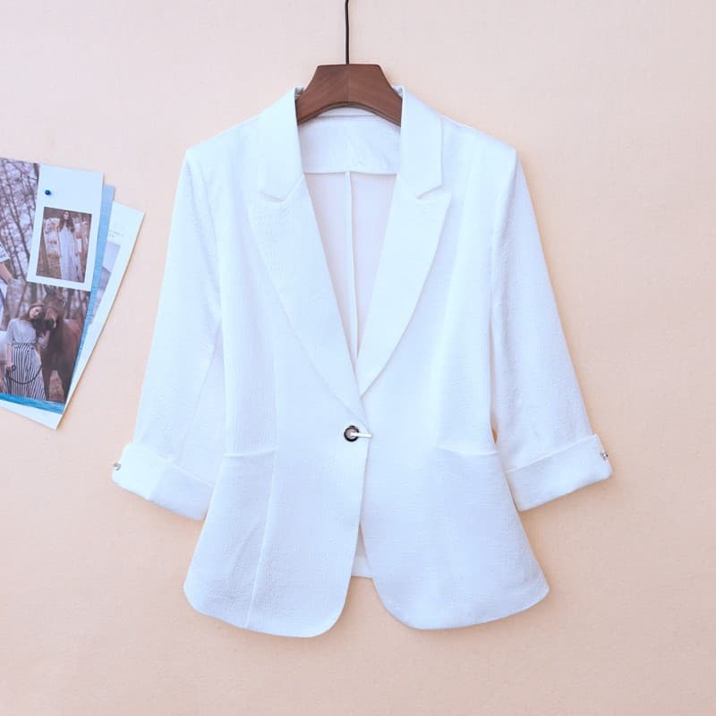 Verão novo estilo branco acetato cetim manga de três quartos fino pequeno terno feminino jaqueta curta pequeno fino-ajus
