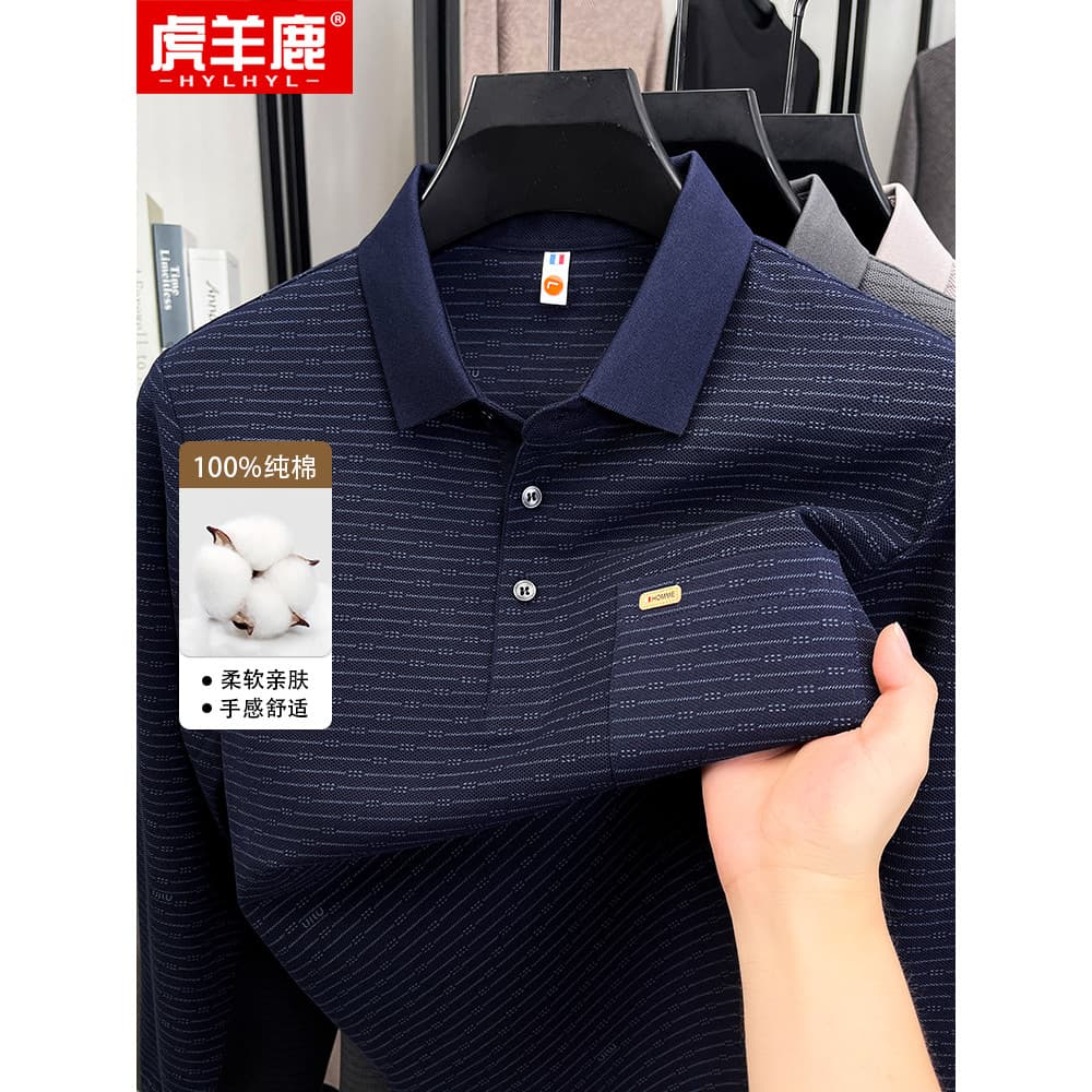 [Algodão puro] Camiseta masculina de manga comprida de meia-idade 2025 novo estilo pai de meia-idade tira de outono