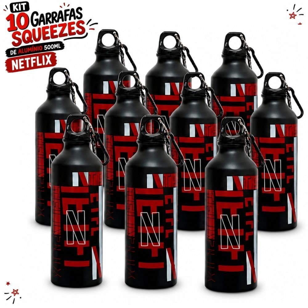 Kit 10 Garrafas Squeezes De Aluminio 500ml Preto Netflix