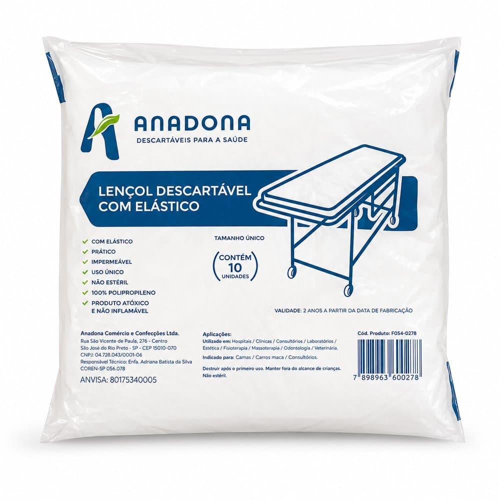 LENÇOL DESCARTÁVEL C/ELÁSTICO 2,00 X 0,90 C/10UN - ANADONA
