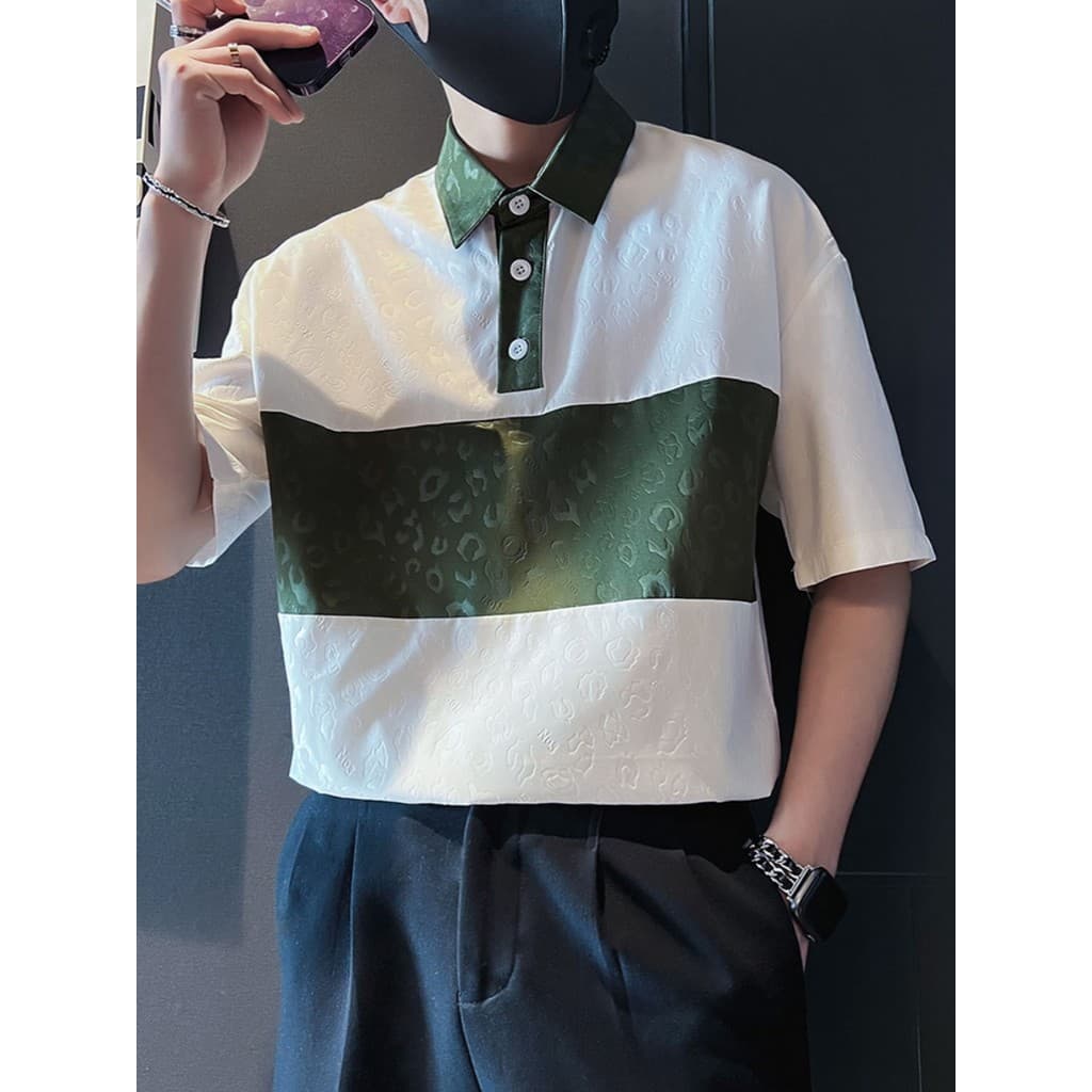 Verão impresso camisa polo masculina de manga curta gelo seda plâncton bonito Street Wear na moda solto contraste costur
