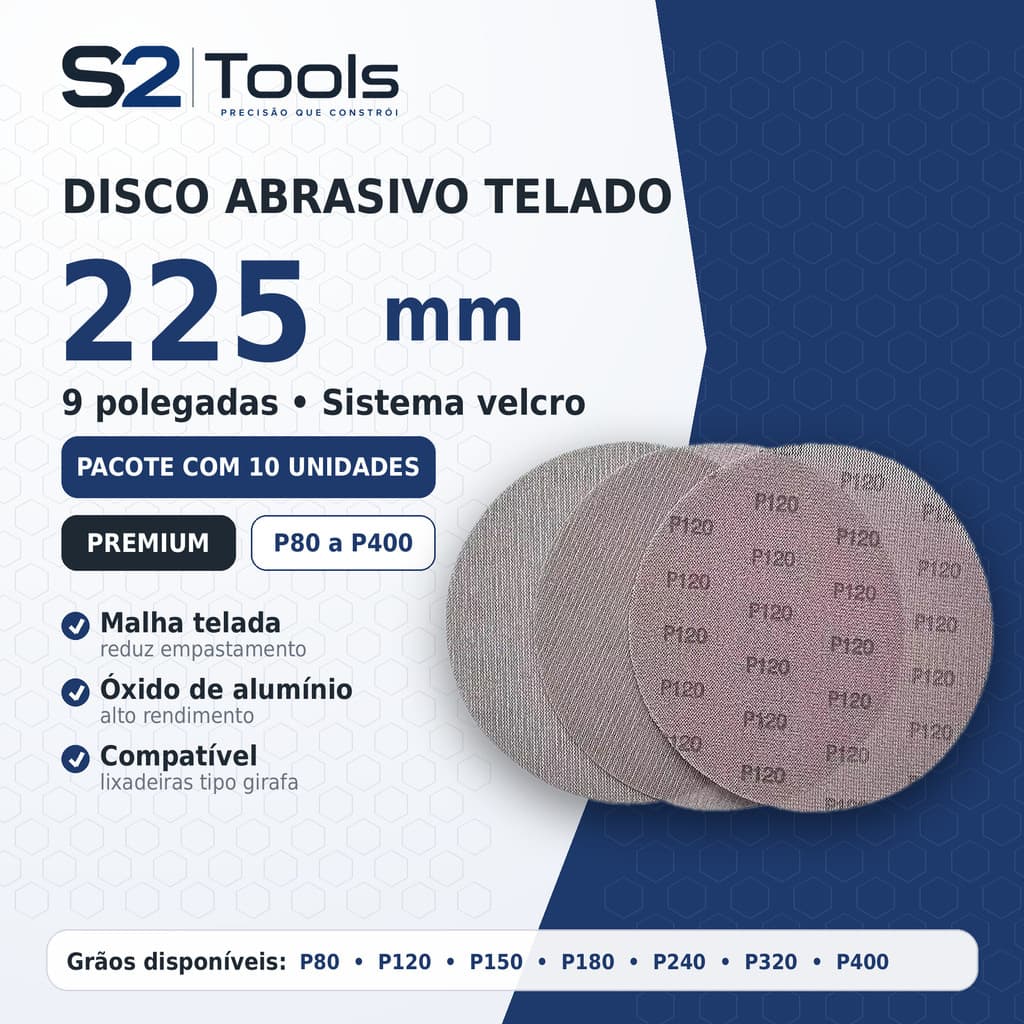 Kit 10 Discos Lixa Telado 225mm S2Tools Lixadeira Girafa Abrasivo Telado Alto Rendimento Premium