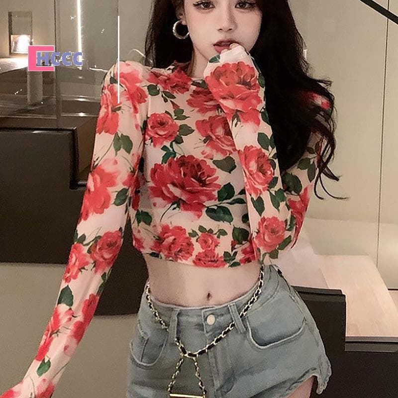 HCCC Outono Mulheres Retro Floral Redondo Ne Manga Longa Camiseta Slim Crop Top Novo