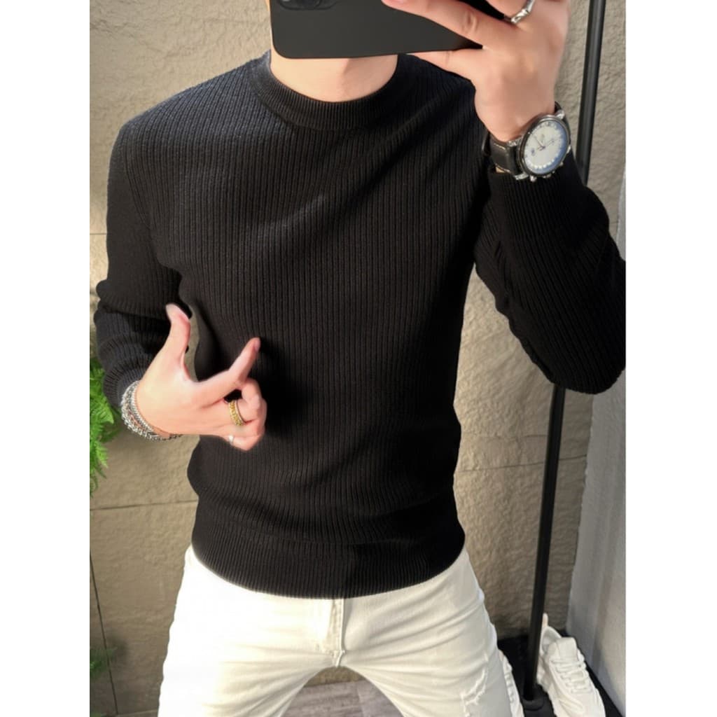 Luz madura masculina outono inverno grosso meia gola alta camisola Pit Strip Thread versão coreana magro-