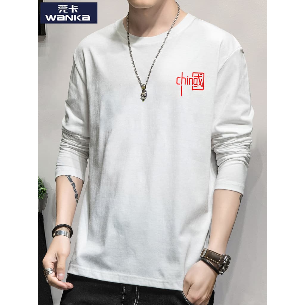 Camiseta de manga comprida masculina primavera outono estilo chinês solto Casual puro algodão impresso camiseta Street W