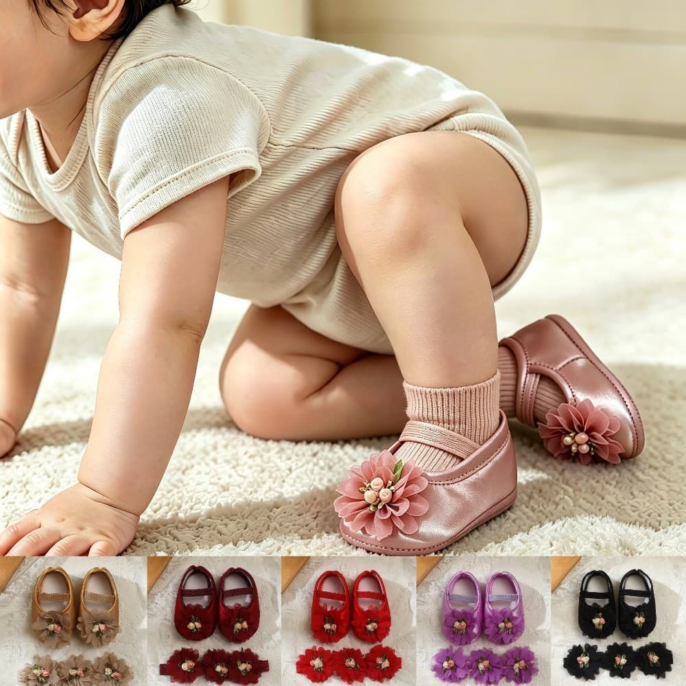Crianças Sapatos De Cetim Sola Macia Criança Caminhada Com Laço & Bandana Conjunto Plano Antiderrapante Primeiros Caminh