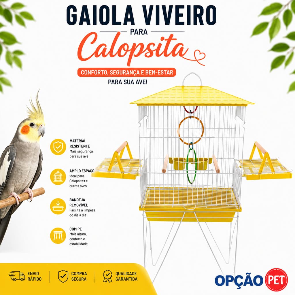 Gaiola Viveiro para calopsita com bandejas laterais + ACESSÓRIO UM JOGO DE ARGOLA COLORIDA mansa teto plástico AMARELO