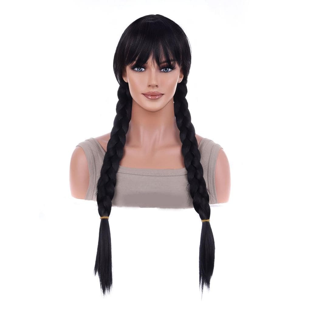 Peruca Trançada Preta ANESHE com Franja, Peruca Longa Trançada Preta para Cosplay para Meninas, Perucas Sintéticas com 2