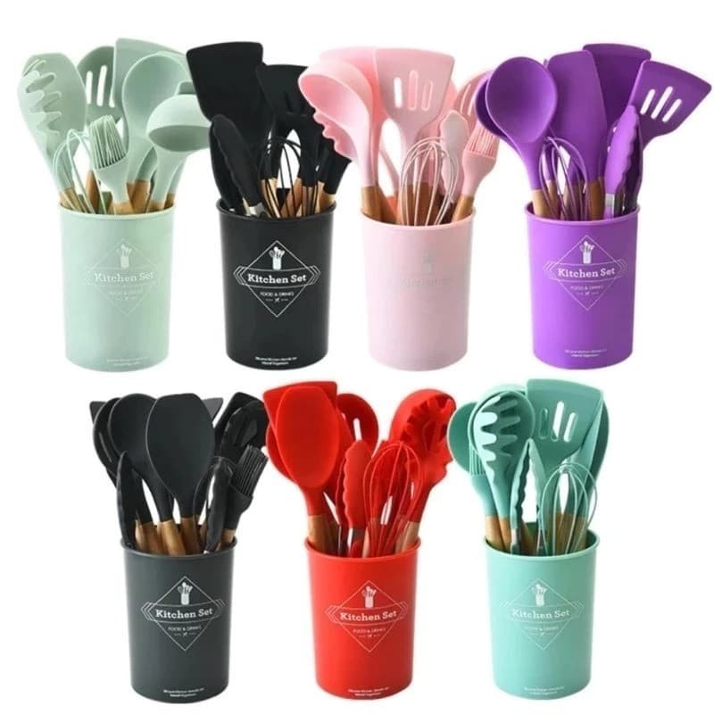 12 Peças Utensílios De Cozinha Colheres Espatula Silicone Cabo Madeira Decoração Livre BPA/