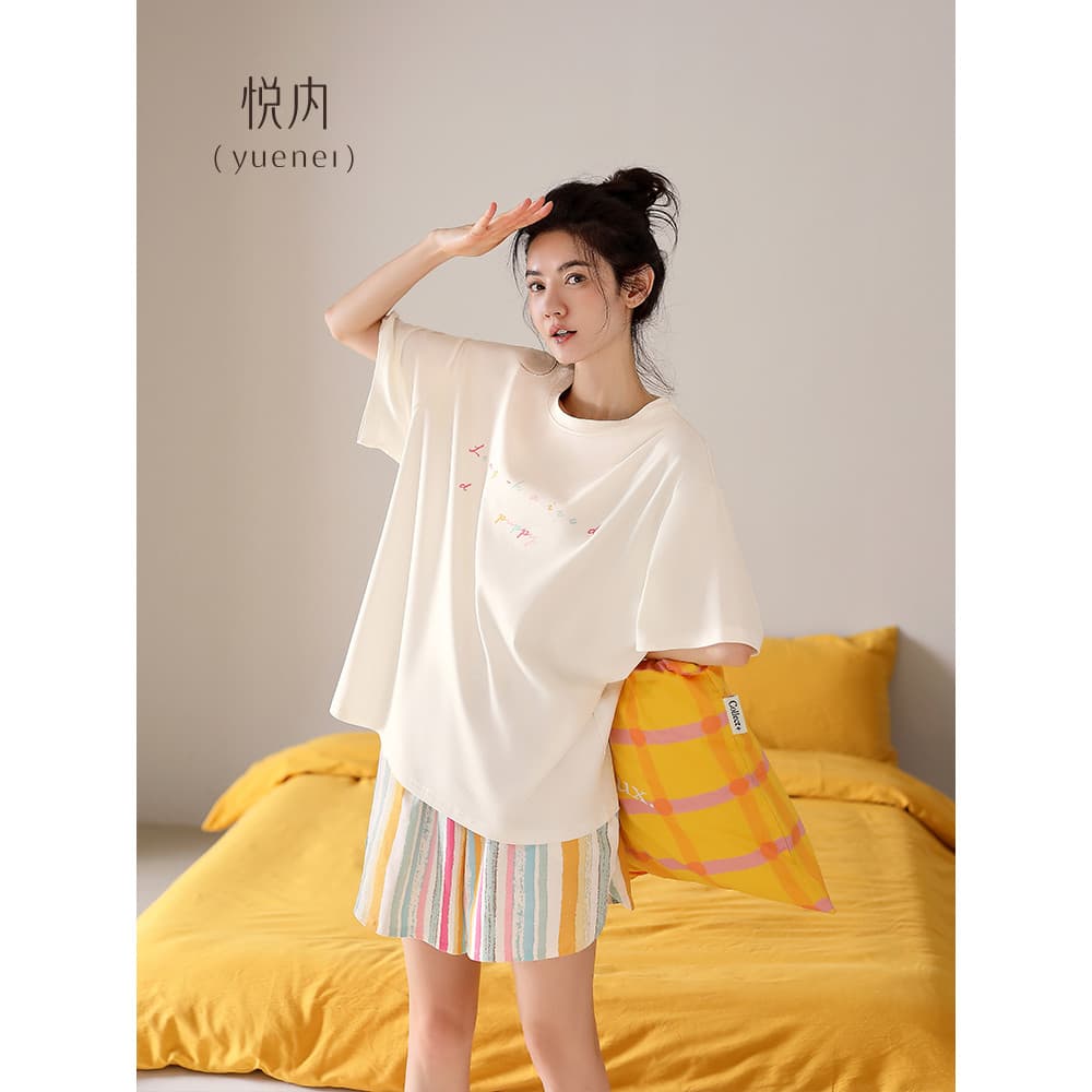 Yue interior com almofada no peito pijamas de uma peça feminino verão Shorts de manga curta puro algodão Homewear moda c