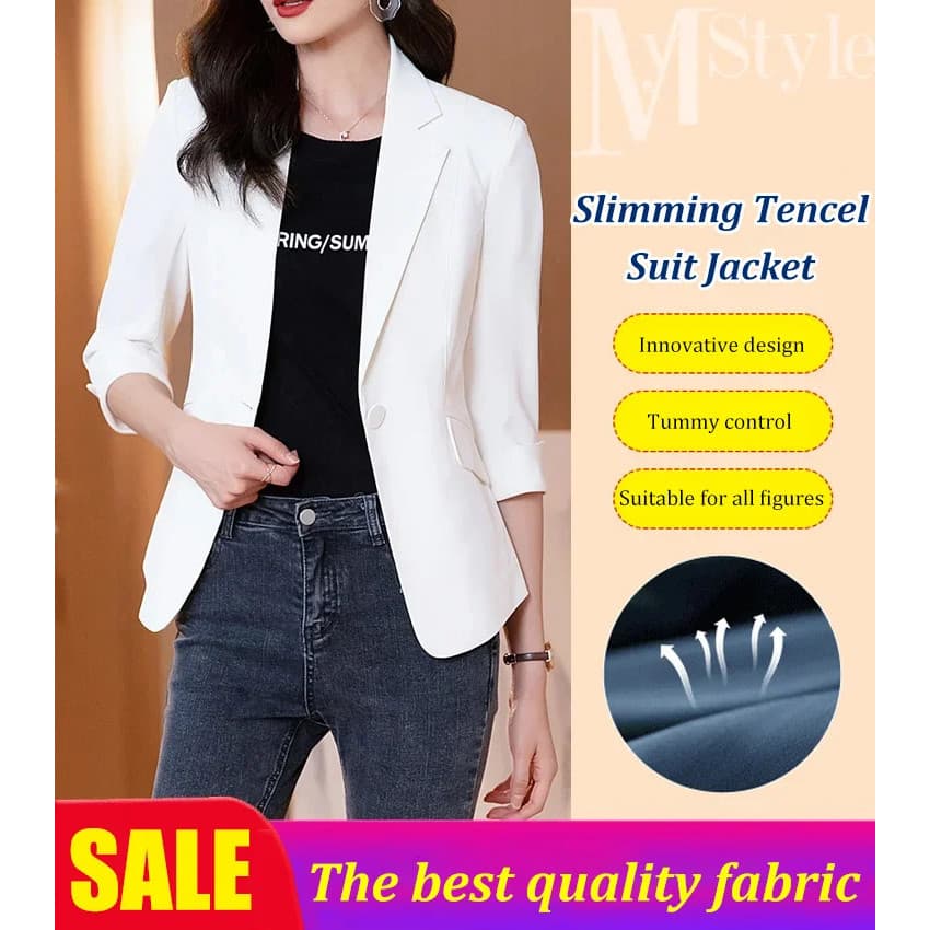 【Tecido Confortável】[Lightweight & Stylish] Blazer Feminino de Linho Tencel Ajustado Manga 3/4/Casual/Escritório