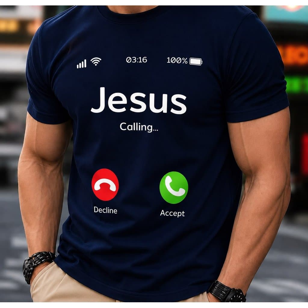 Camiseta Masculina de Grafismo Novidade 1pc - Camiseta Preta Casual com Gola Redonda e Design "Jesus Chamando"