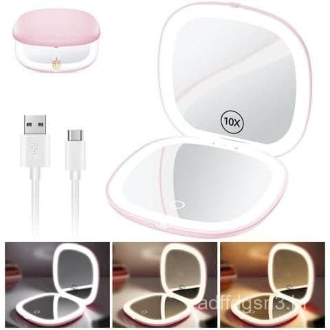 Espelho de Maquiagem Compacto Recarregável Benbilry com 3 Cores de Luz e Ampliação de 1X / 10X, Espelho de Viagem LED Pe