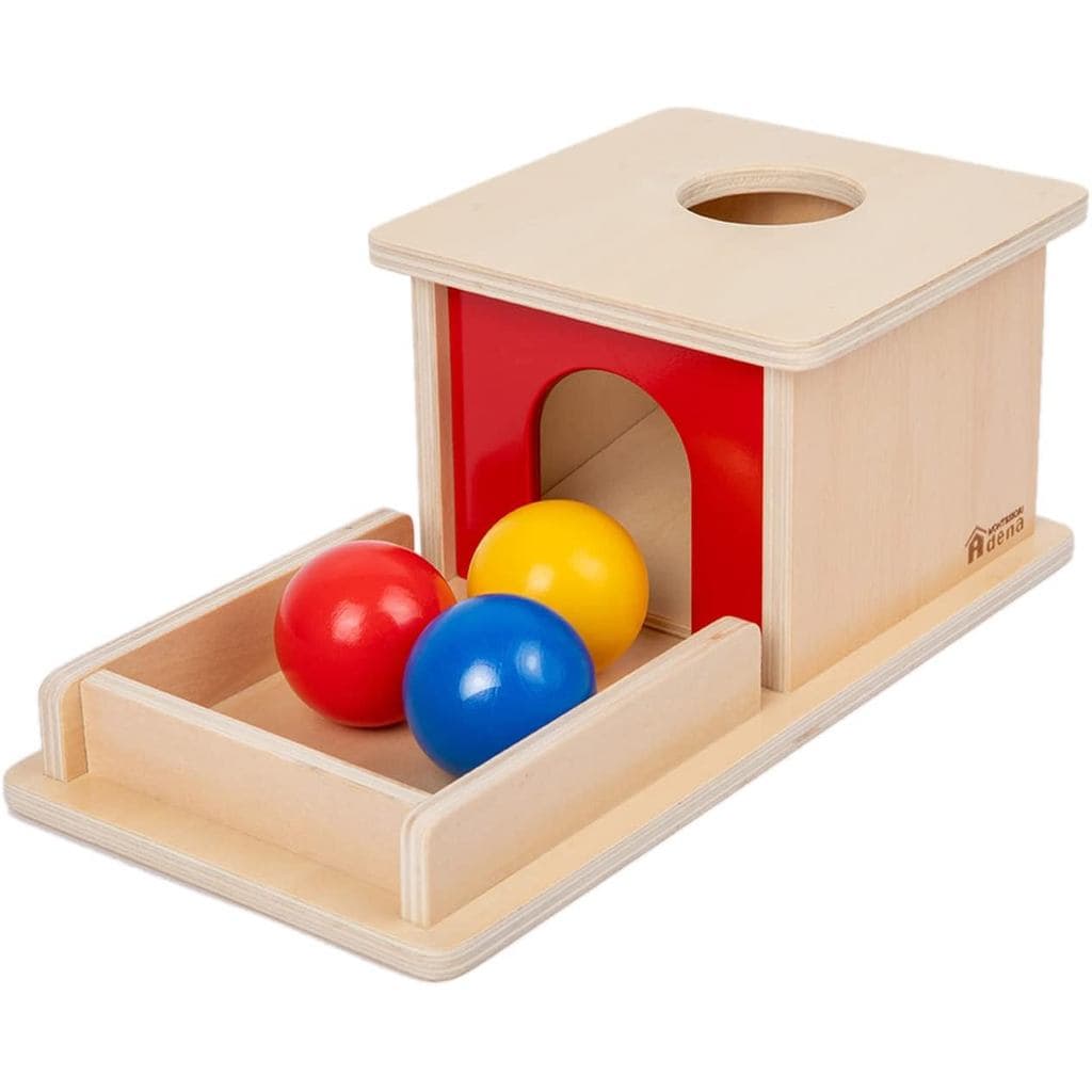 Brinquedo de Madeira Montessori Adena para Bebês de 6 a 12 Meses, 3 Bolas, Caixa de Permanência do Objeto com Porta Verm