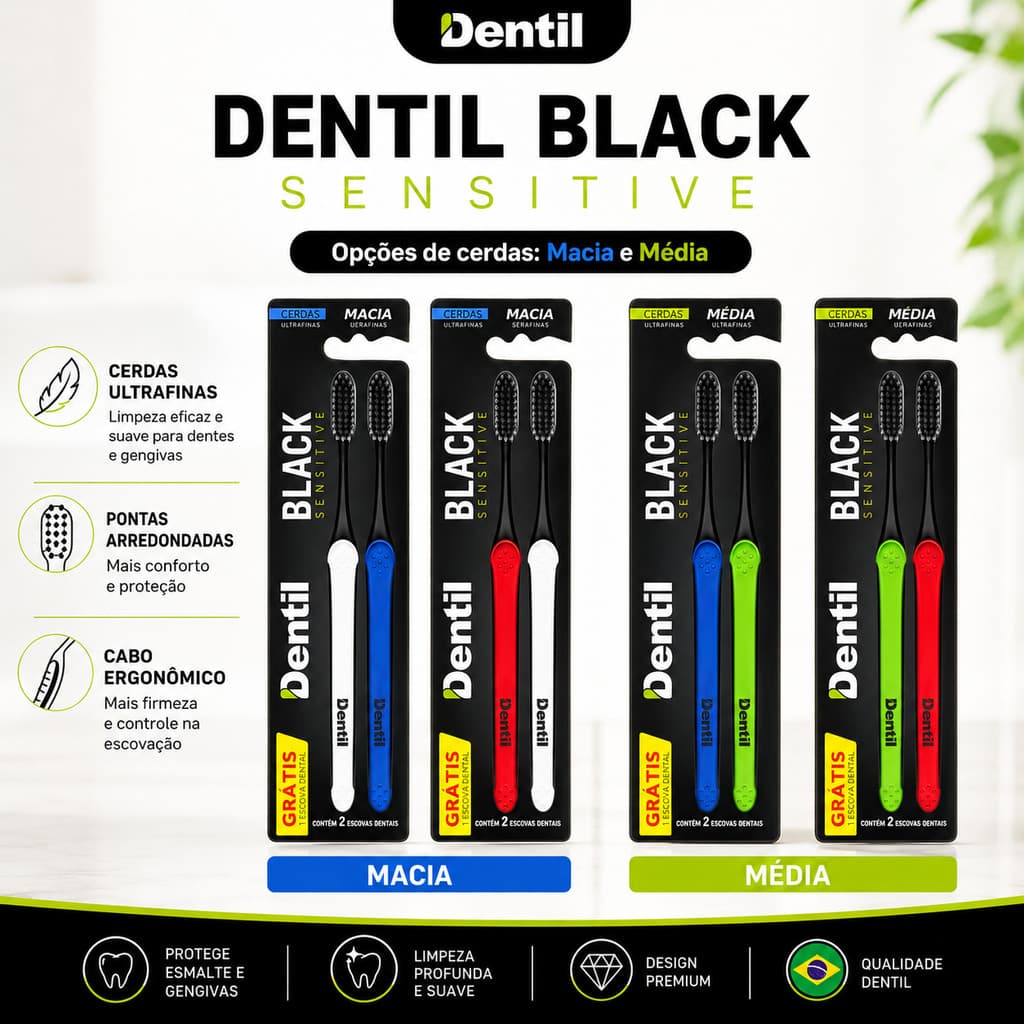 Kit 4 Escovas Dentais escova de dente Dentil Black Sensitive Macia ou Media