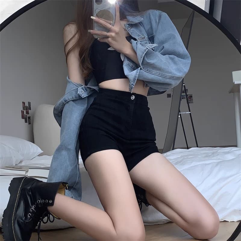 Shorts de ganga pretos de cintura alta para mulheres, mistura de algodão, estilo Hong Kong, shorts de verão modeladores,