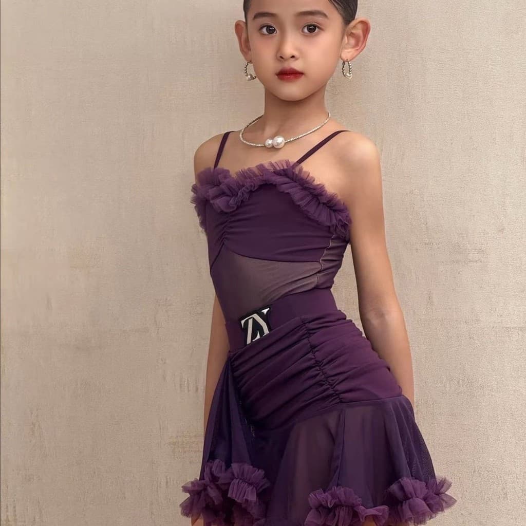 [WDF] Fantasia de dança sem mangas para meninas com decoração de renda de alta qualidade, fantasia de Performance de dan