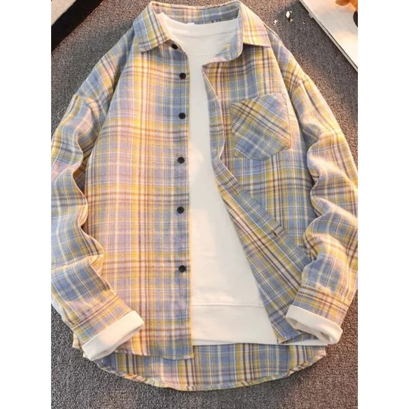 Camisa Masculina de Manga Longa, Novo Estilo Primavera 2025, Estilo Retro Japonês com Padrão Quadriculado, Tamanho Grand