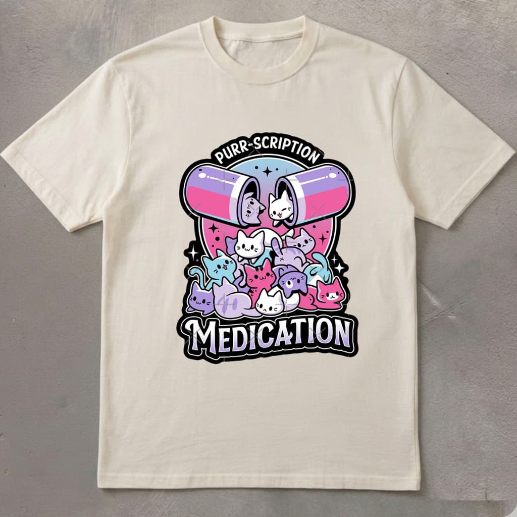Camiseta Gatinhos Fofos Purr Scription Medication Regular Plus size Oversized