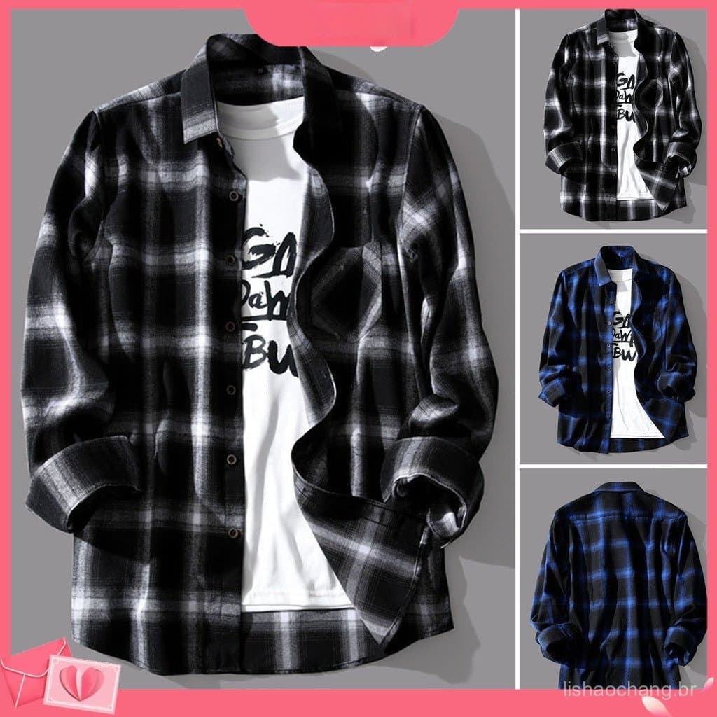 Camisa masculina de primavera, estampa xadrez, manga longa, cores contrastantes, gola quente, botões combinando. IA4R IB