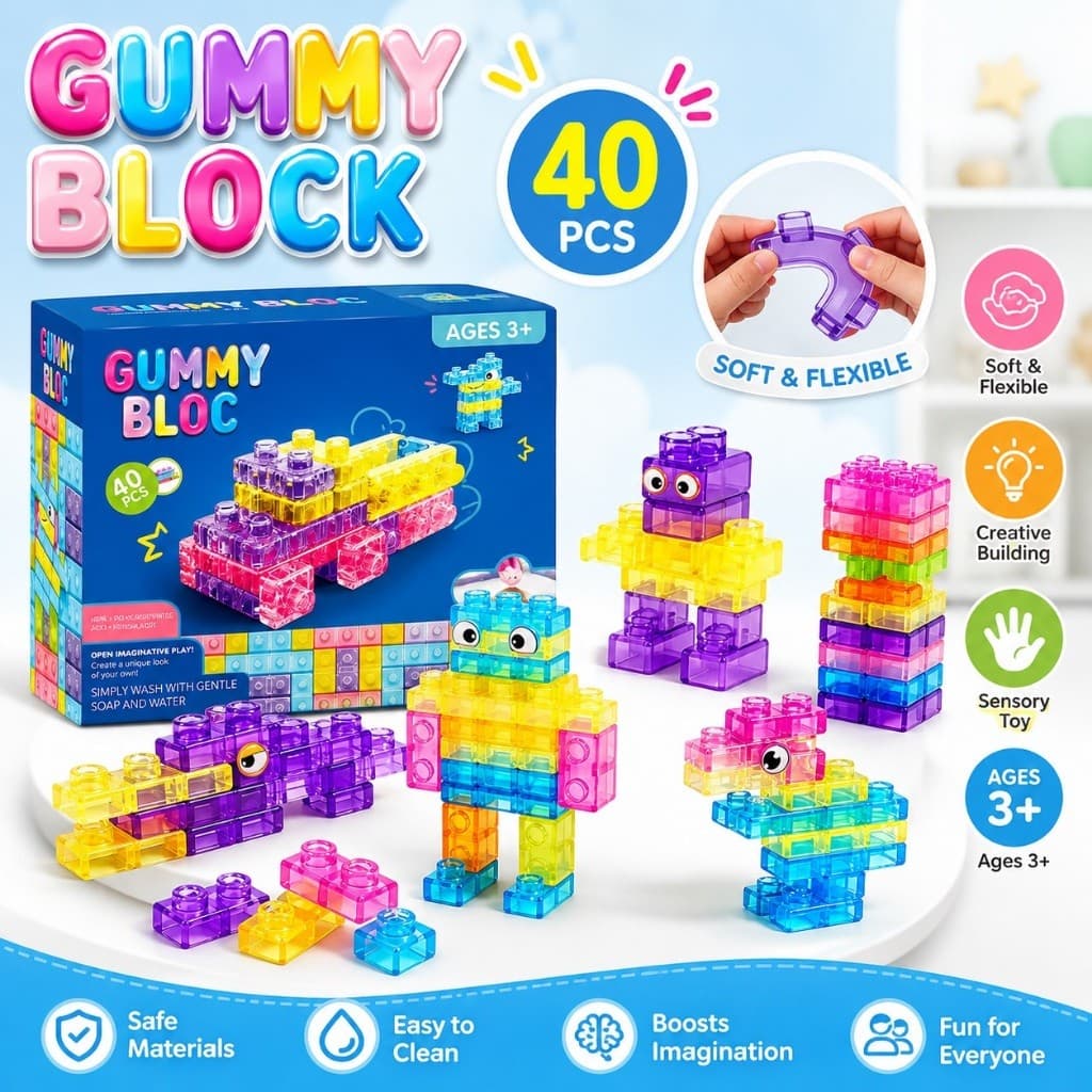Blocos de Montar Gelatina 40 Peças Brinquedo Sensorial Macio Seguro Educativo Para Crianças