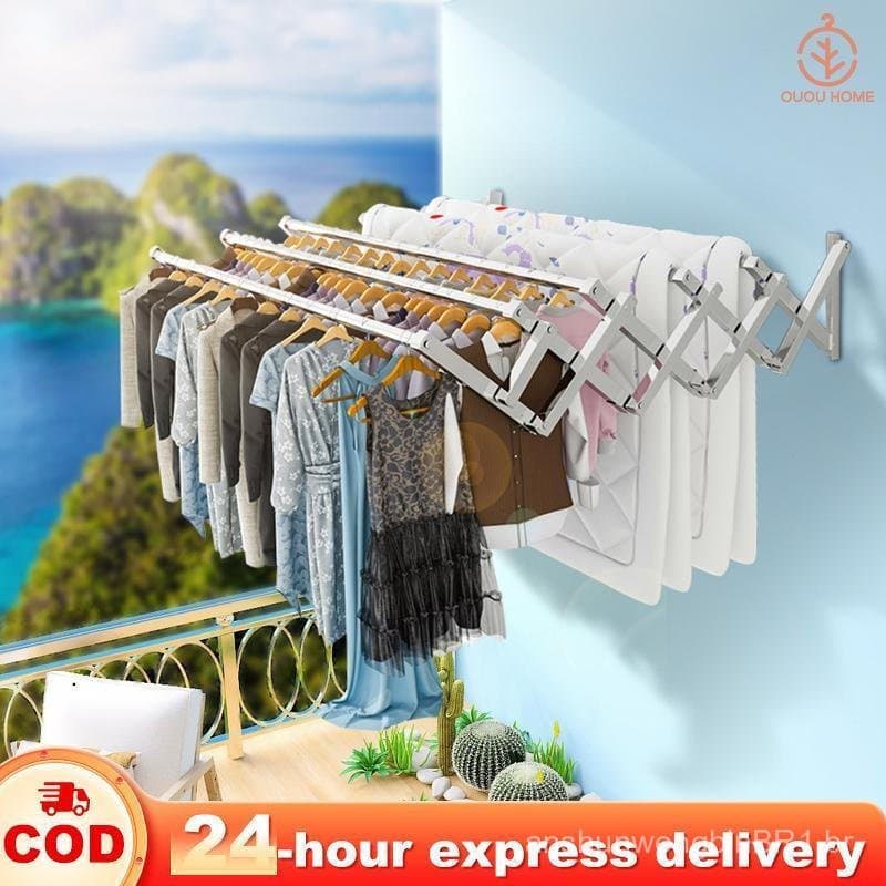 Cabide Retrátil OUOU-4Bar 1,2M-2M, Suporte de Parede em Aço Inoxidável para Secagem de Roupas
