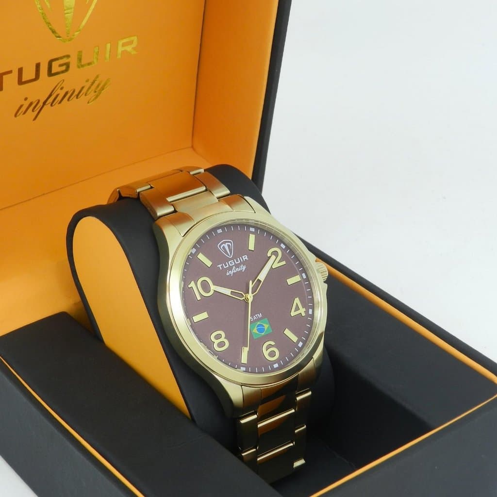 Relógio Masculino de Aço Tuguir Analógico Infinity TGI37233 Dourado e Vermelho (Resistente à água 5ATM, Vintage,Luxuoso)