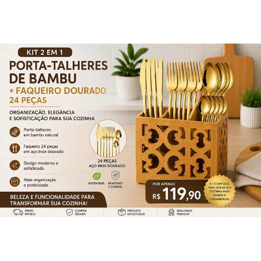 Kit Porta-Talheres de Bambu + Faqueiro Dourado 24 Peças em Aço Inox Premium | Organização e Sofisticação para Sua Mesa