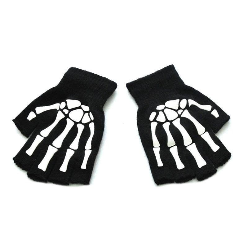 Luvas de Halloween com Caveira, Meio Dedo, Unissex, Adulto, Brilham no Escuro, Modelo S4MH