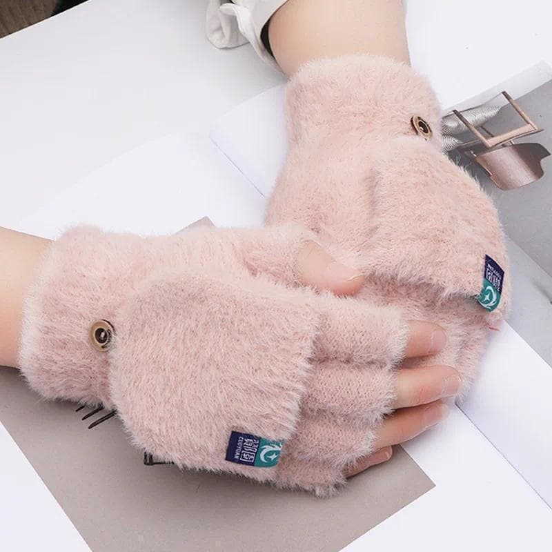Inverno Luvas De Pele De Coelho Feminino Quentes Feamle Meninas Flip Luva De Pelúcia Sem Dedos Engrossar Quente Mitten T