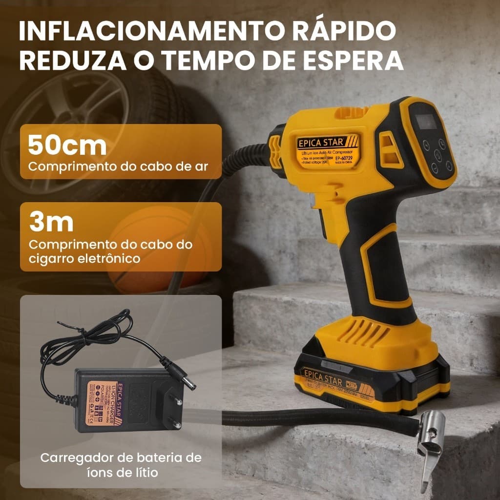 Compressor De Ar Portátil Com Visor Digital 21V Inclui 1 Bateria E 1 Carregador.