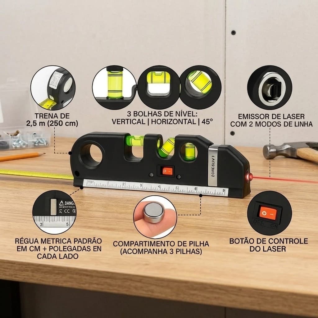 Trena com Nível a Laser Profissional Bolhas de Nível Alinhamento Perfeito para Sua Casa