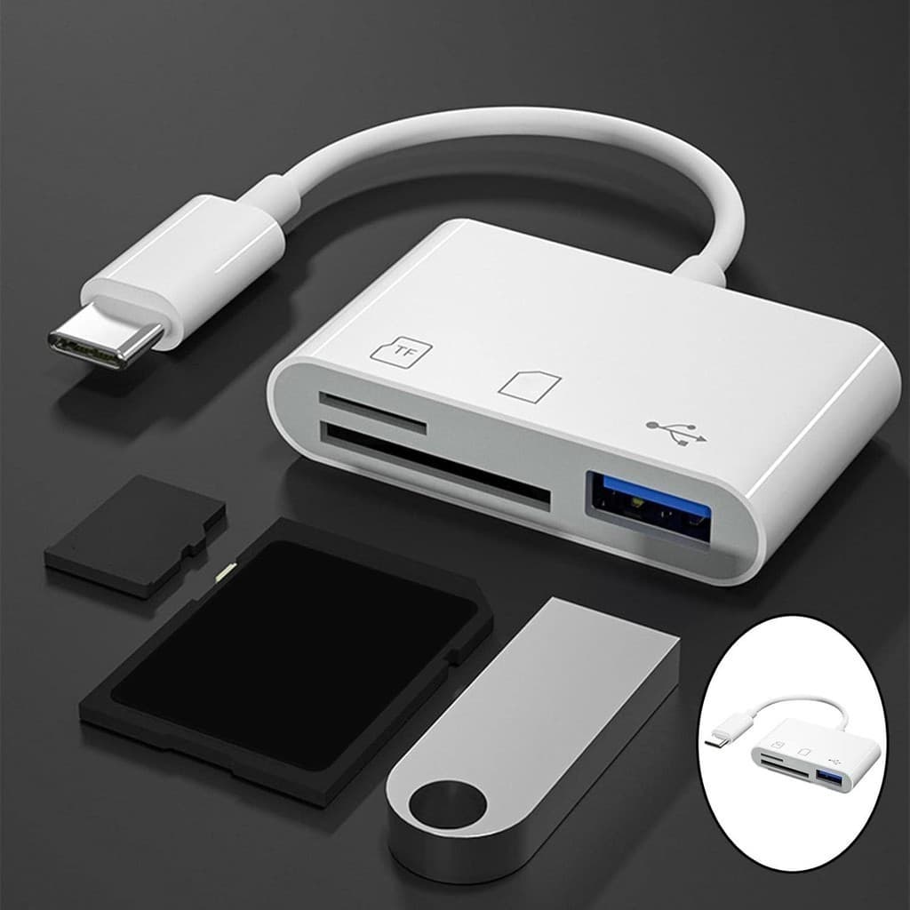 Adaptador Tipo C para Cartão SD Micro SD e USB 3 em 1 com Função de Leitura de Arquivos