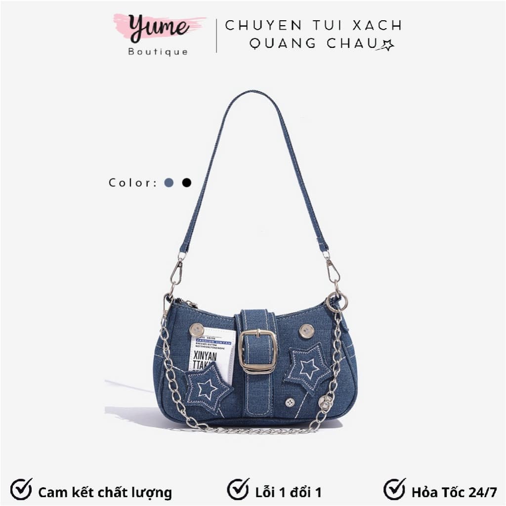 Bolsa de Mão Feminina Elegante, Bolsa de Ombro com Padrão de Estrelas, Material Jeans, Estilo Coreano, Combinação Super