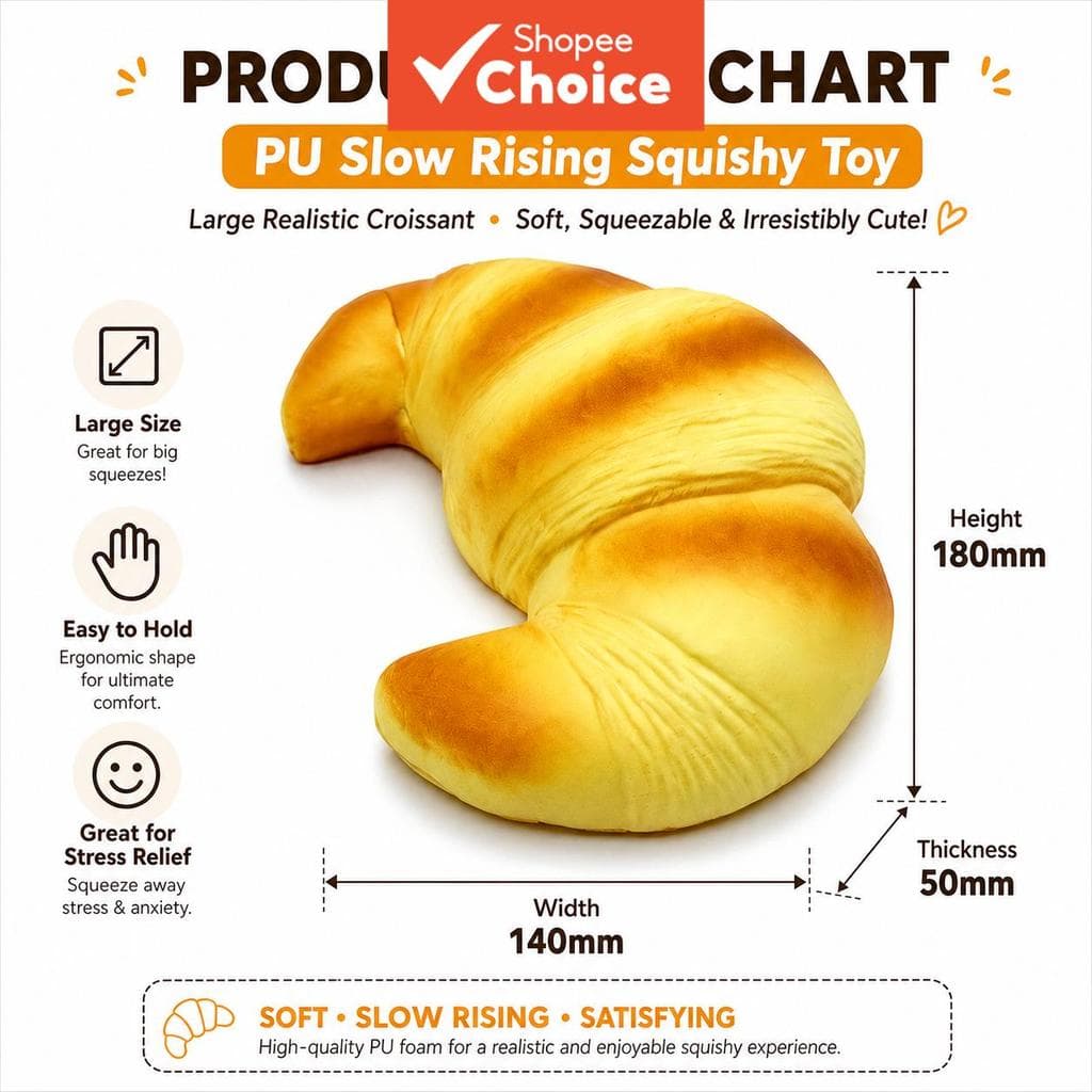 Brinquedo Croissant Squishy em PU com Crescimento Lento, Pão Realista Alivia Estresse Presente
