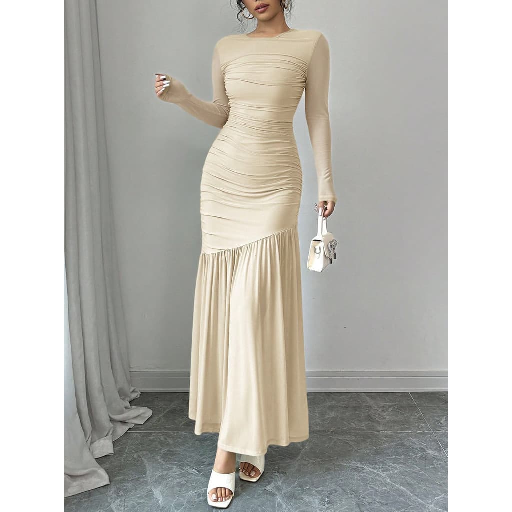 Vestido Maxi Sereia Feminino de Manga Longa, Bege, em Tricô, Franzido, Justo ao Corpo, Elegante, para Festas, N.º 0671