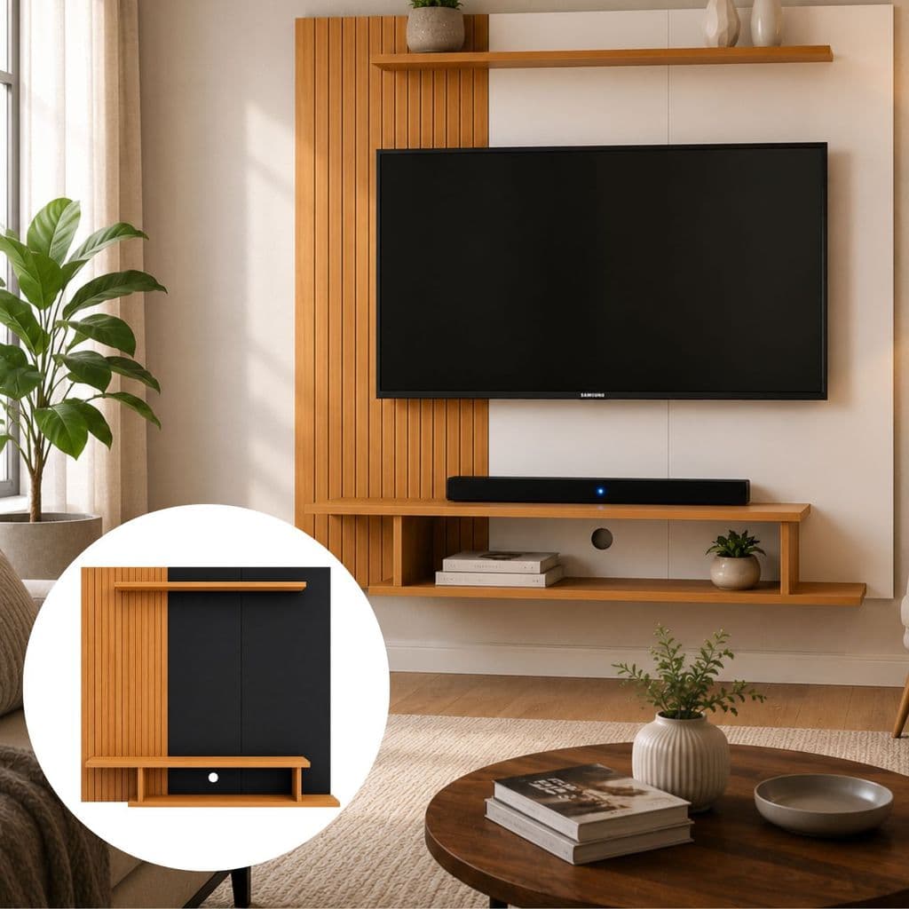 Painel França para TV até 55" com Ripado Decorativo e Nichos